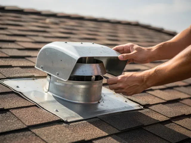 Walnut Dryer Vent Cleaning certified technician safely cleaning a roof-mounted dryer vent in Walnut