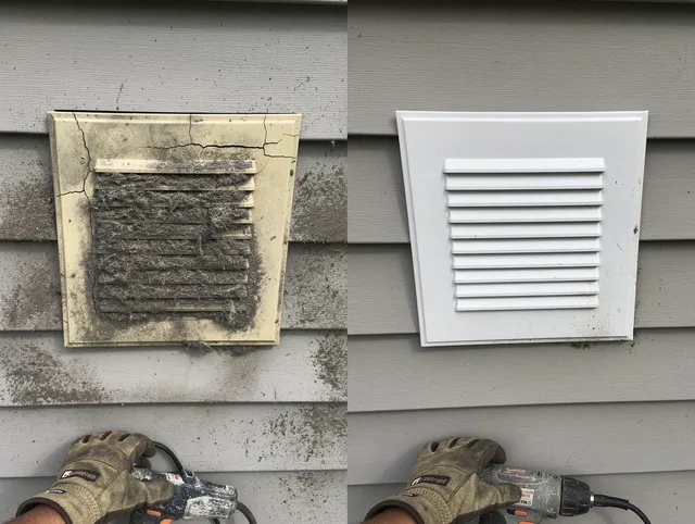 Walnut Dryer Vent Cleaning technician installing high-quality dryer vent cover at a residential property in Walnut